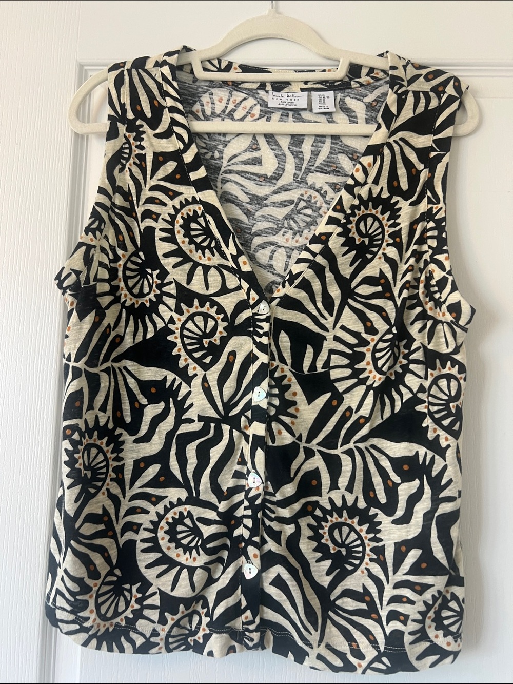 Like New Nicole Miller Sleeveless Button-Front Top - Black & Cream size XL